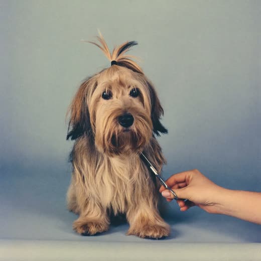 A long-haired dog having its coat scissored